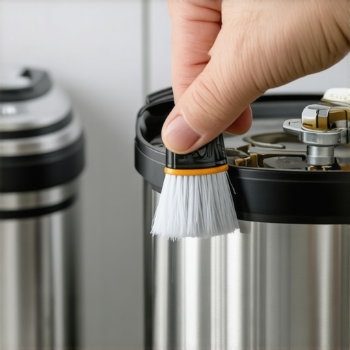 Person cleaning pressure cooker valve with a brush to remove mineral deposits.