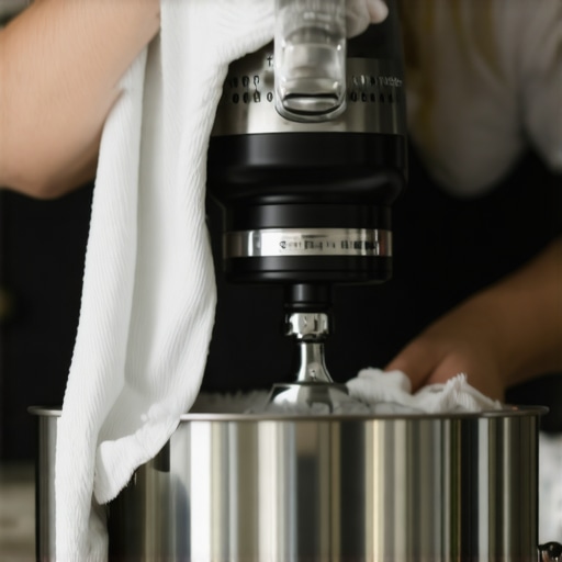 Cleaning a Stand Mixer Person wiping a stand mixer with a cloth in a clean kitchen.