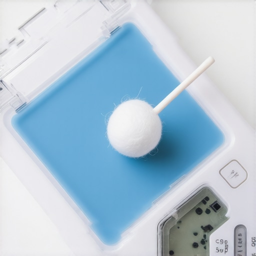 A person cleaning the battery contacts inside a kitchen scale with a cotton swab.