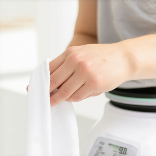 Person drying hands with cloth before using a digital kitchen scale in a bright kitchen