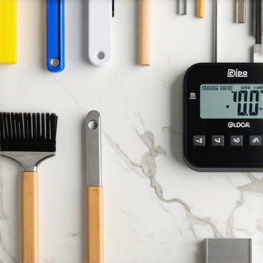 A set of kitchen cleaning and calibration tools ready for maintenance on a modern kitchen counter