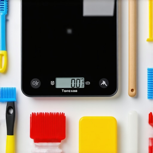 Close-up of digital scale, brushes, and cleaning solutions for kitchen appliances