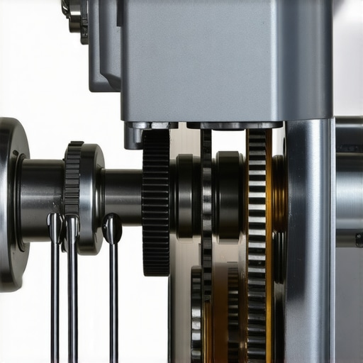 A detailed view of the internal gears of a stand mixer, showing the gears being lubricated for maintenance.