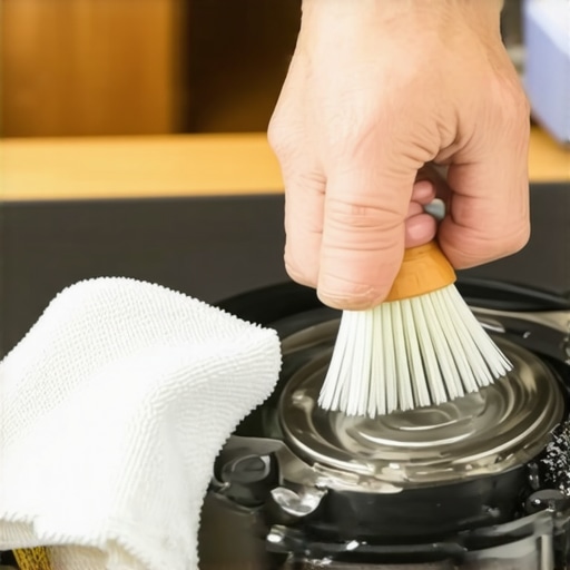 A person inspecting and cleaning a pressure cooker gasket and vent with a soft brush.