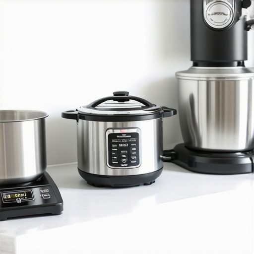 A clean, organized kitchen countertop showcasing a digital scale, pressure cooker, and smart mixer prepared for regular upkeep.