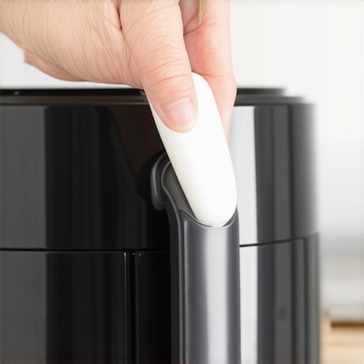 Person lubricating air fryer handle with silicone spray in a clean kitchen setting.