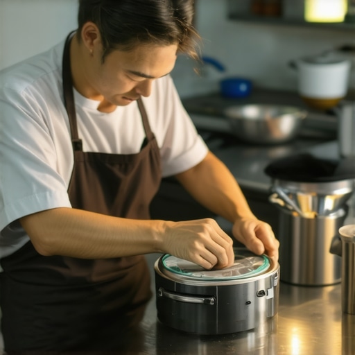 A person cleaning a digital kitchen scale with a soft cloth, surrounded by cleaning tools in a well-organized kitchen.