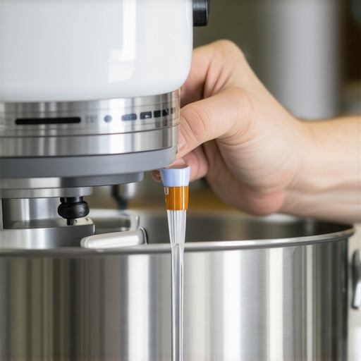 Person applying lubricant to a stand mixer gear to ensure smooth operation.