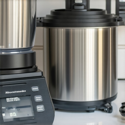 Calibrated digital scale, maintained blender, and pressure cooker on a clean kitchen counter.