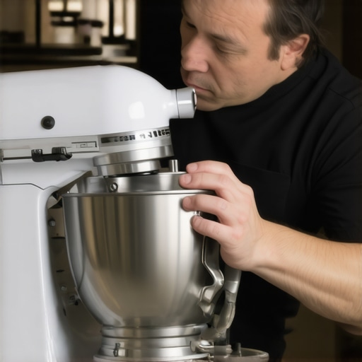Technician inspecting a stand mixer’s gear system