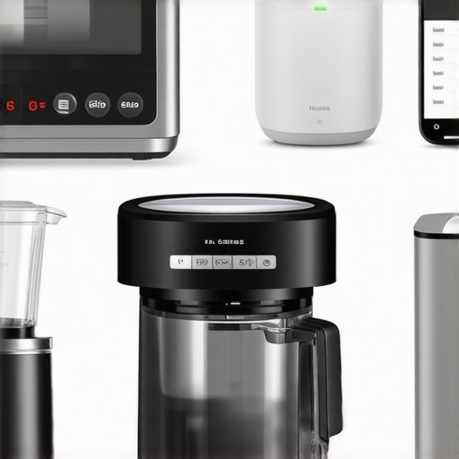 A clean, organized kitchen counter with precise digital scales, spotless mixers, and a smart hub device.