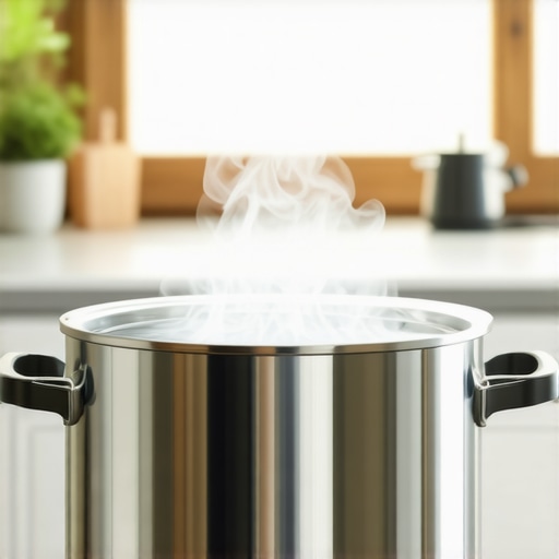 Close-up of a pressure cooker with steam escaping from the valve