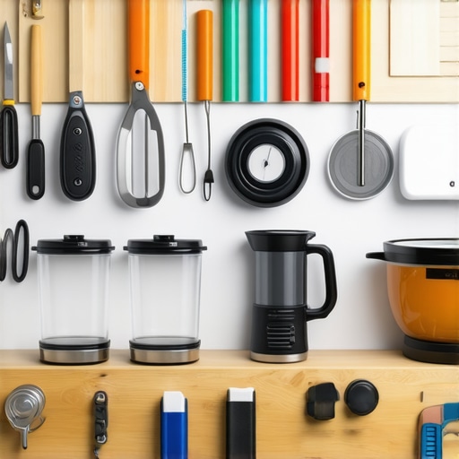 A tidy kitchen with calibration weights, cleaning brushes, and well-maintained appliances