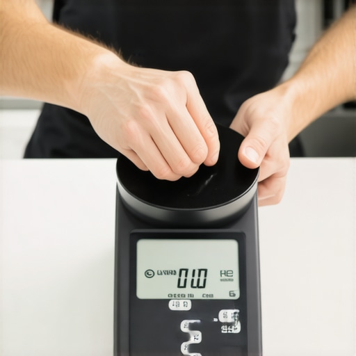 Person calibrating digital kitchen scale in kitchen.
