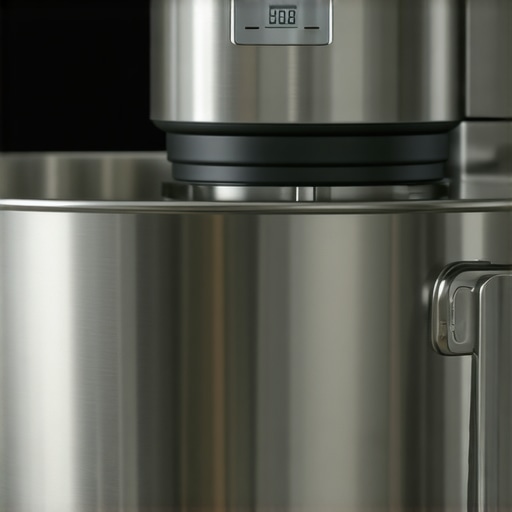 Precise Kitchen Measurements with Advanced Scale and Mixer A kitchen scene showing a mixer and a digital scale measuring ingredients accurately.