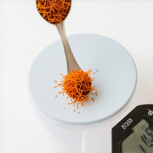 A close-up showing a tiny spoonful of saffron on a digital kitchen scale, illustrating precise measurement for cooking