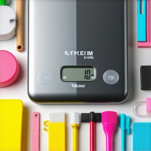 Kitchen scale with calibration weights and cleaning brush for accurate measurements.