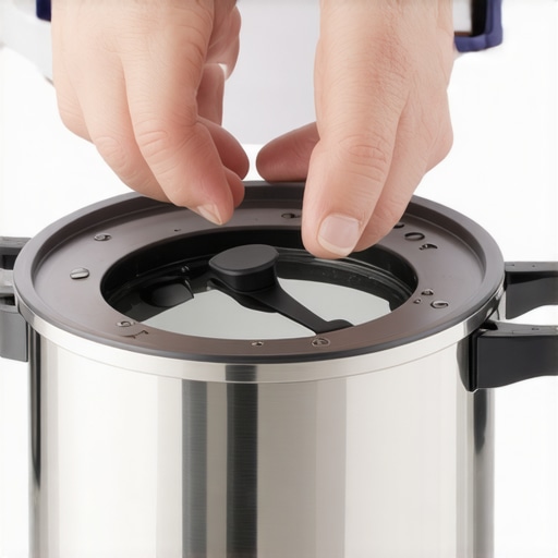 Pressure Cooker Gasket Inspection Person checking the gasket of a pressure cooker for signs of wear.