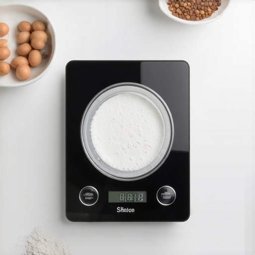 Proper Kitchen Scale Setup Kitchen scale positioned on a flat surface with a bowl of ingredients ready for weighing.