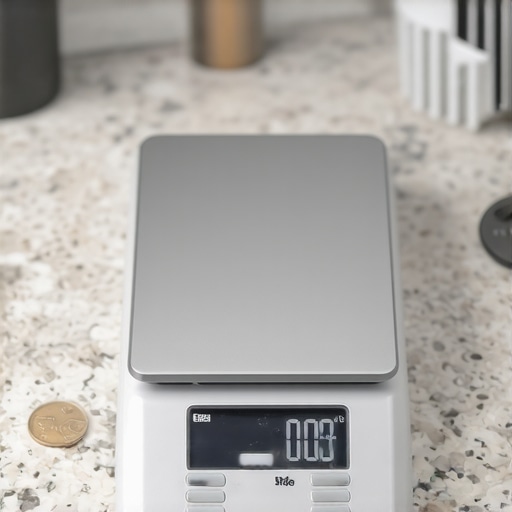 A digital kitchen scale positioned on a clean granite countertop, with no nearby electronics, demonstrating ideal placement for precise measurements.