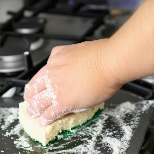 Person cleaning a stove with baking soda paste and sponge during daytime in modern kitchen.