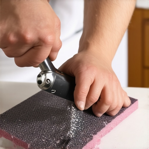 Person carefully sharpening blender blades using a diamond abrasive pad in a modern kitchen.