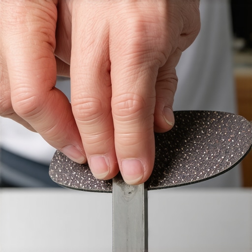 Person sharpening blender blades with a diamond abrasive pad in a modern kitchen.