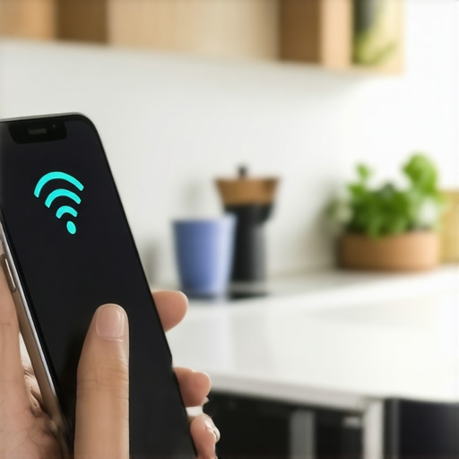 A person troubleshooting Wi-Fi connection on a smartphone in a smart kitchen environment