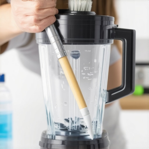 Thorough Blender Cleaning Process Person cleaning a blender with brushes and cleaning solution in a well-lit kitchen.