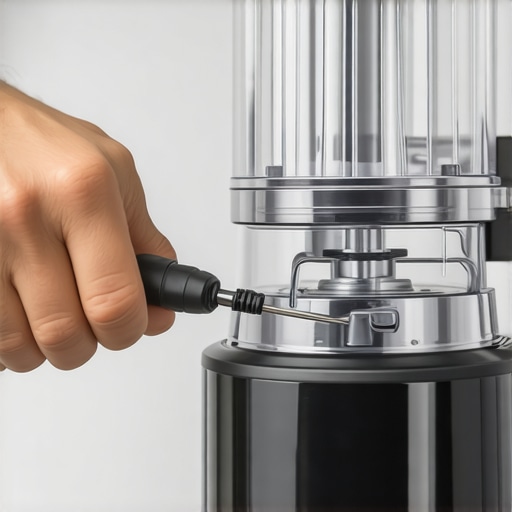 Hands tightening the blade screws of a blender with screwdriver in a modern kitchen