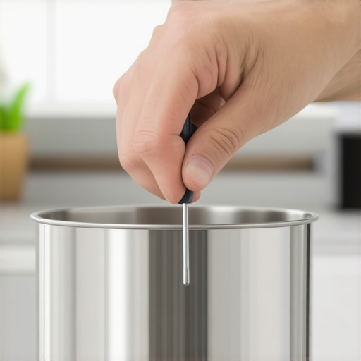Person tightening the attachment screw on a stand mixer in a kitchen setting.