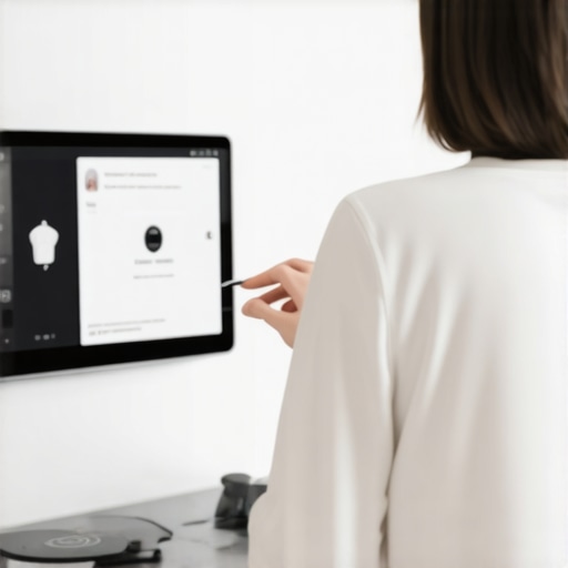 Person updating firmware on a smart kitchen display in a modern kitchen