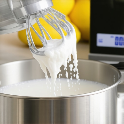 Close up of frothy egg whites being whisked in a metal mixer bowl with precision baking tools in the background.