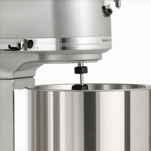 A hand using a screwdriver to adjust the height screw of a stand mixer to prevent vibration and walking.