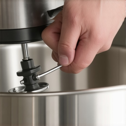 A hand adjusting a stand mixer screw while a dime sits in the mixing bowl for calibration.