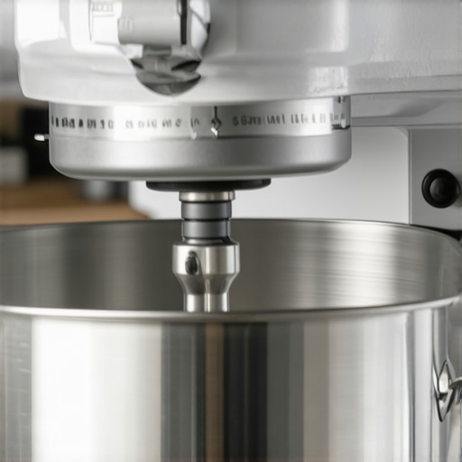 Close-up of a screwdriver adjusting a stand mixer height screw for better performance.
