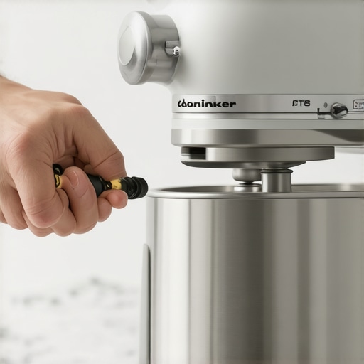 Close up of a person calibrating a tilt-head stand mixer with a screwdriver to prevent the head from bouncing.