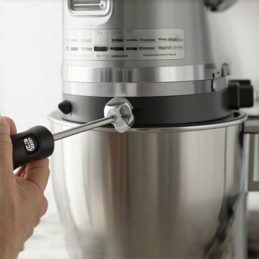 Close up of a hand adjusting the hinge screw on a stand mixer to prevent vibration.