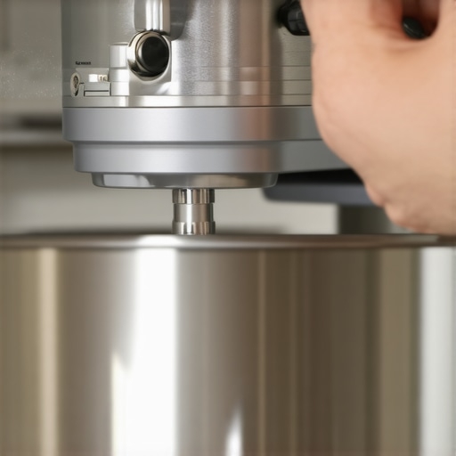 A person adjusting the height screw on a silver stand mixer hinge with a screwdriver.