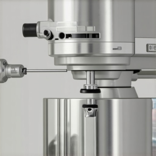 Adjusting the Stand Mixer Tension Screw A screwdriver turning the tension screw on a kitchen stand mixer hinge to stop the head from bouncing.