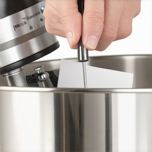 A person performing the paper test to calibrate beater-to-bowl clearance on a stand mixer.