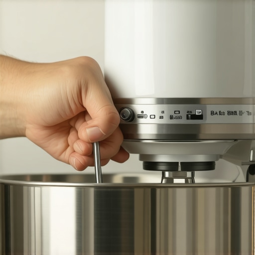 Hands using a screwdriver to fix a loose stand mixer head to prevent vibration.