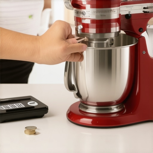 A person performing maintenance on a stand mixer and calibrating a kitchen scale.