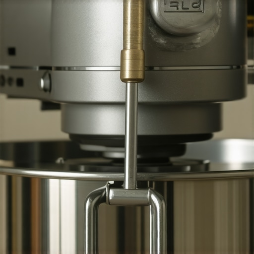 Hands using a screwdriver to tighten the hinge screw on a silver stand mixer