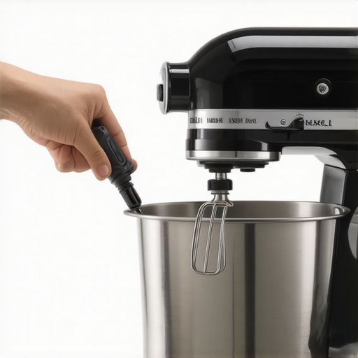 A person fixing a loose stand mixer head with a screwdriver to stop clicking noises