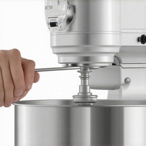 A person using a screwdriver to calibrate a stand mixer hinge screw for better bowl clearance.
