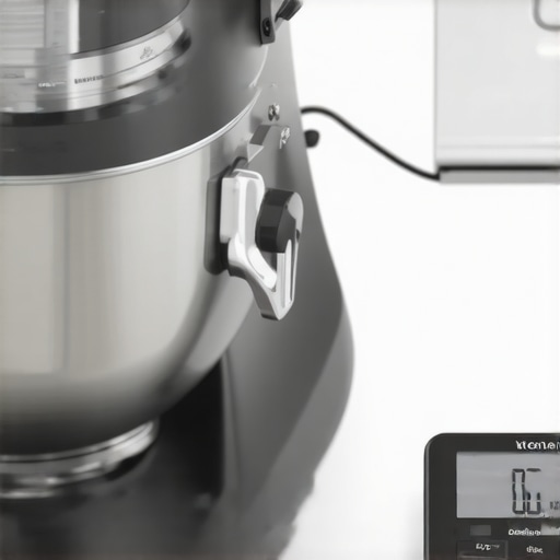 Close up of a stand mixer and digital kitchen scale used correctly for professional maintenance.