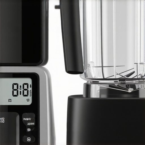 A digital kitchen scale and a modern blender on a granite countertop, illustrating precision cooking tools.