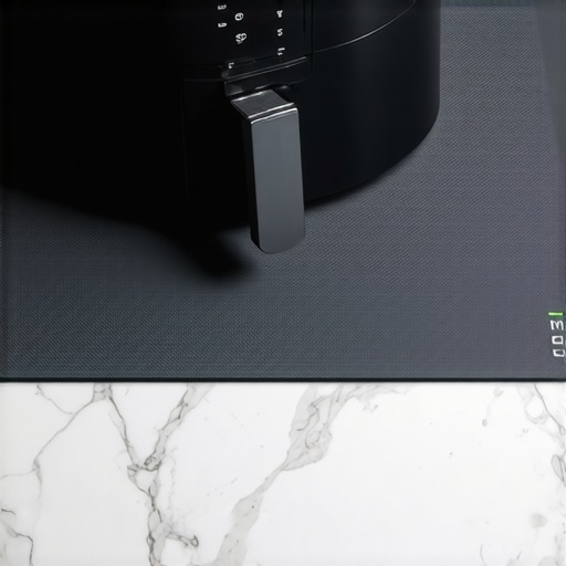 Close-up of a silicone mat placed under an air fryer to reduce vibration noise.