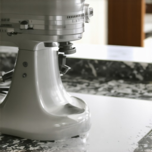 A stand mixer stabilized by a silicone mat on a granite kitchen island.